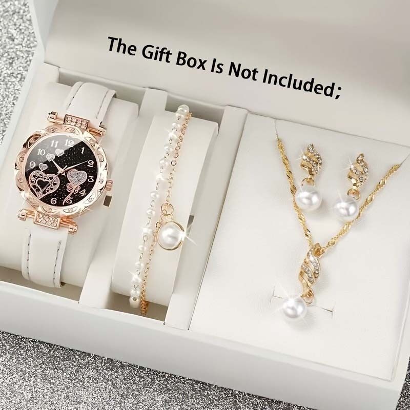 Jam Tangan Kuarsa Dial Cinta Wanita Fashion Jam Tangan Wanita Tali Kulit Cakram Kecil Dengan Set Per