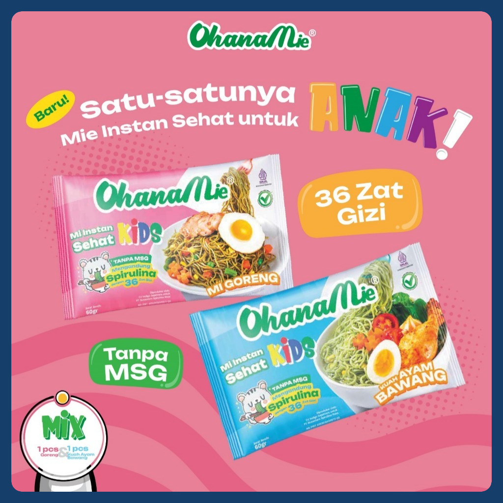 

Mie Anak Sehat Instan Spirulina Non MSG Ohana Mie - Mix 2 pcs