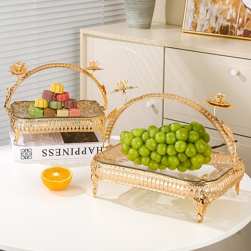 Keranjang Buah Besi dengan Pegangan Piring Makanan Ringan Piring Kaca Set Perlengkapan Dapur Multifu