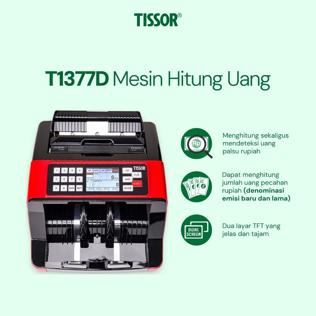 

Tissor T1377D Mesin Hitung Uang - Denominasi Dual Screen (UV, MG, dan MT) Uang Palsu