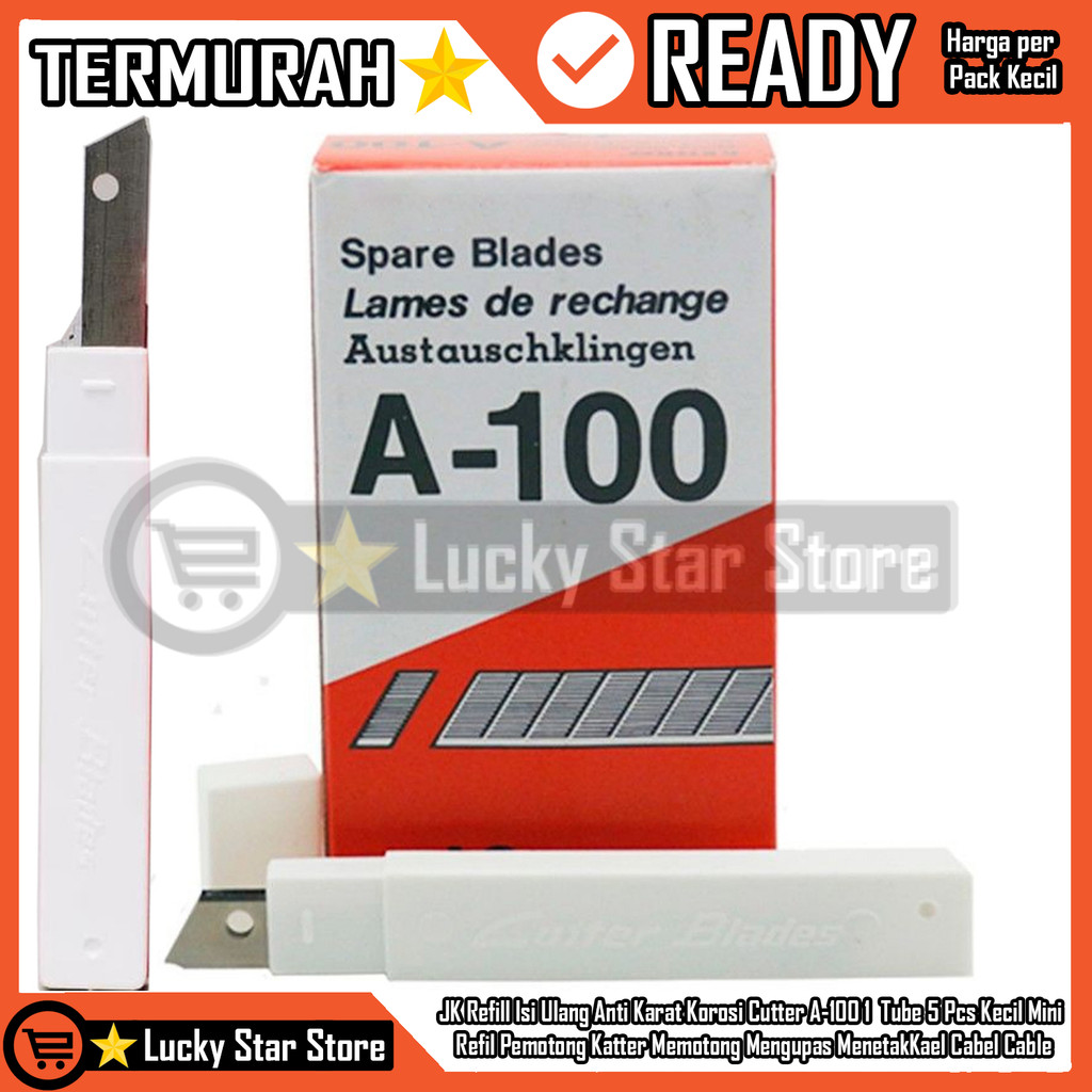 

JK Refill Isi Ulang Anti Karat Korosi Cutter A-100 1 Tube 5 Pcs Kecil Mini Refil Pemotong Katter potong Kupas Pisah Iris Kabel Cabel Cable Spare Blades Mata Alat Tulis Original High Quality Cuter Carter SJN Karter Katter Lancip Tepat