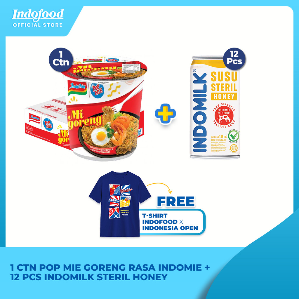 

Bundling 1 Ctn Pop Mie Goreng Rasa Indomie + 12 Pcs Indomilk Steril Honey Free T-shirt Indonesia Open 2025 - XL