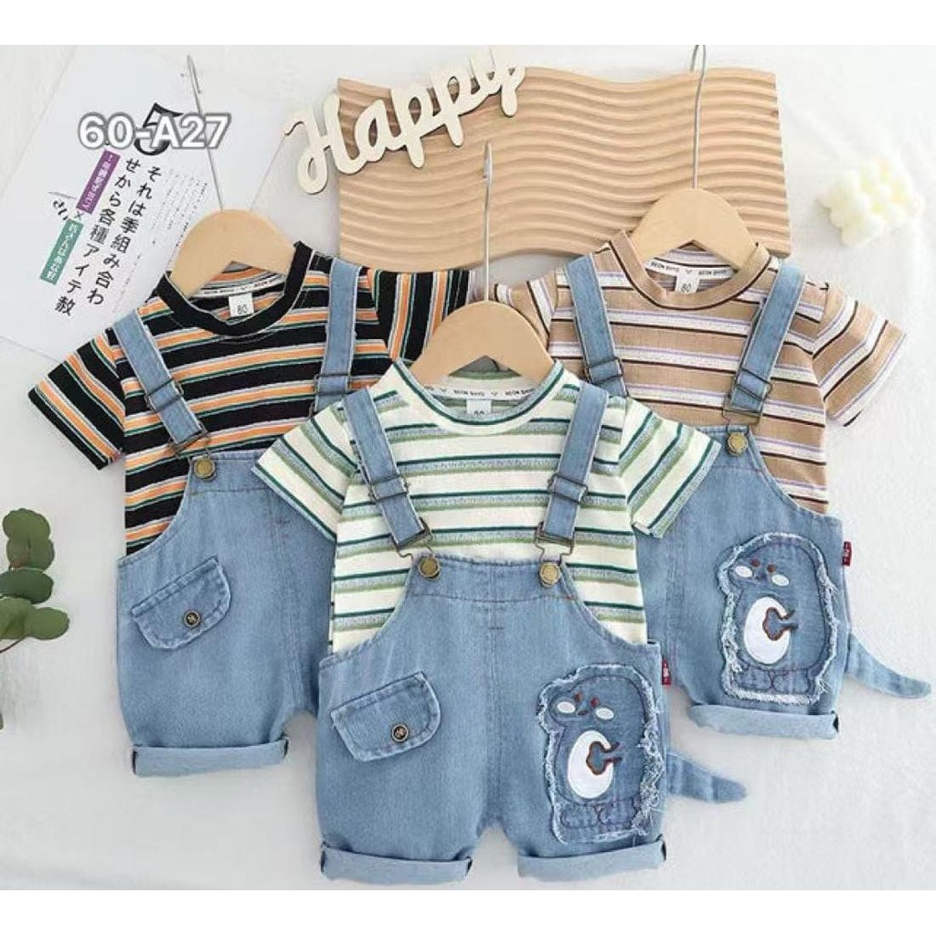 [2-3 tahun]]Set Baju Anak Laki-Laki – Kaos Stripes + Overall Jeans Dino Lucu