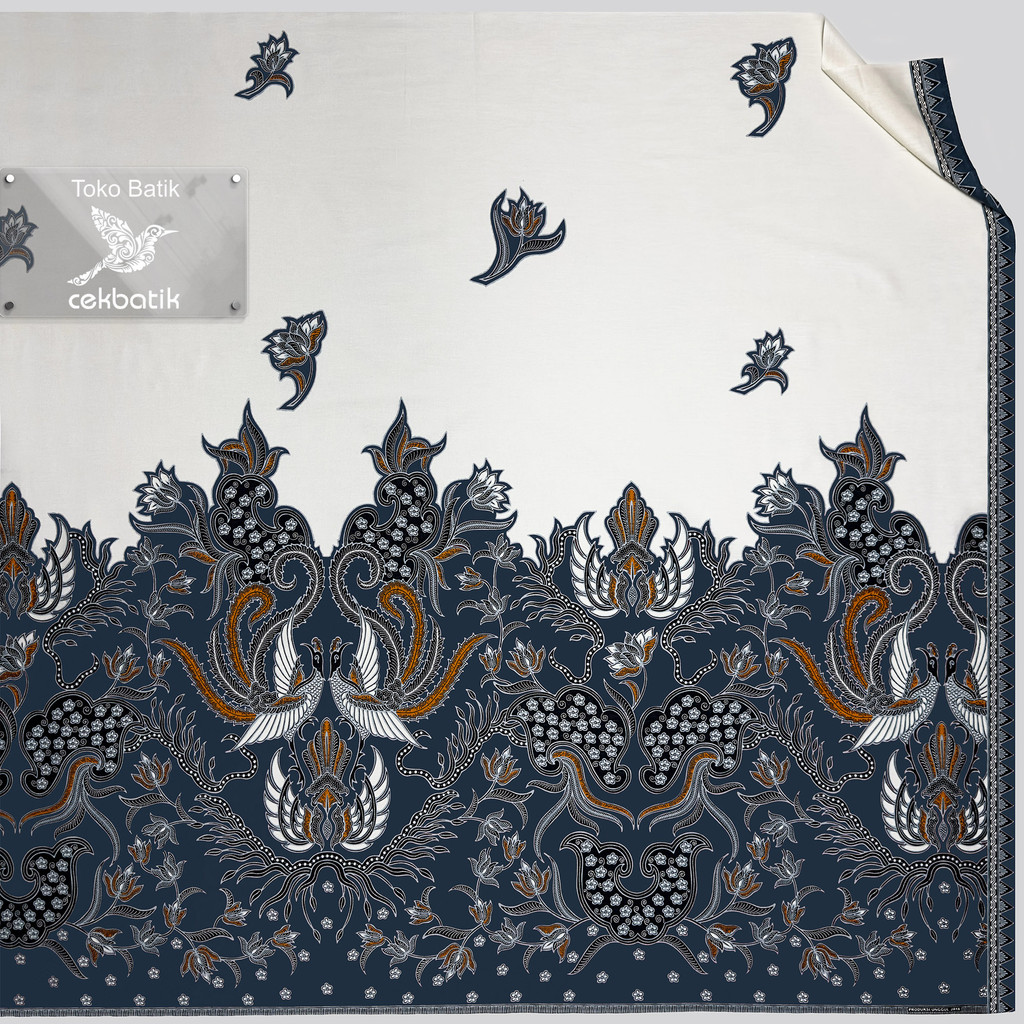 Kain Batik - Motif Bunga dan Burung Merak Jawa Modern Spesial Ukuran Lebih Panjang (Putih & Denim)