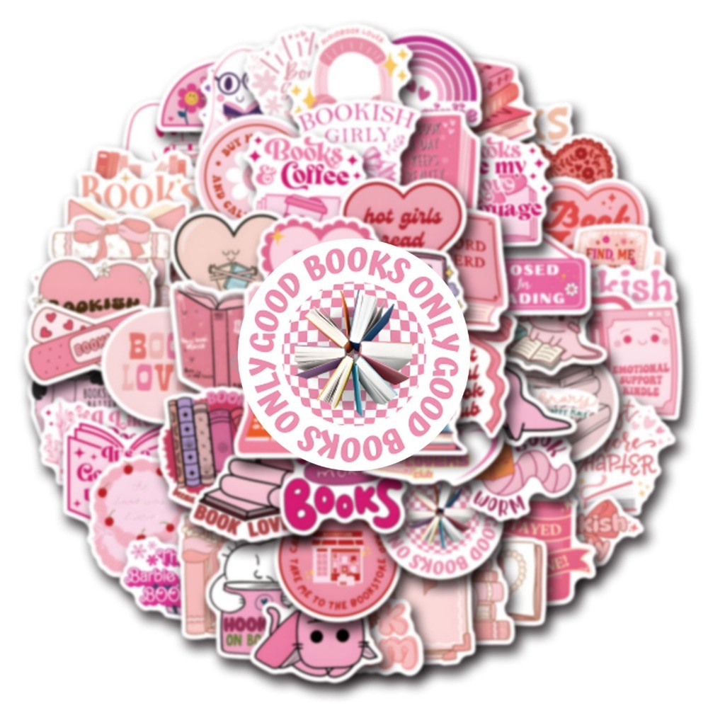 

10/60Pcs Kawaii Pink Flower Book Reading Stickers Cute Bookish Decals DIY Scrapbook Diary Notebook Laptop Phone Luggage Sticker