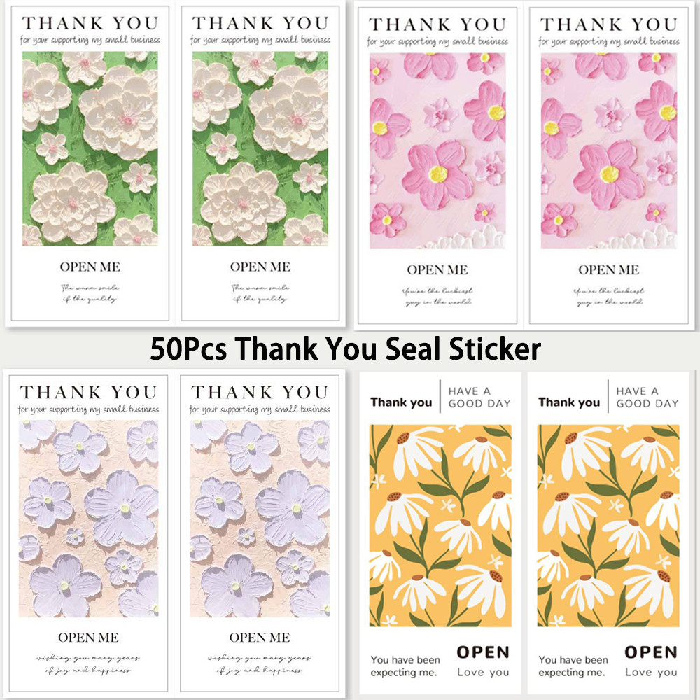 

50Pcs 10CM*5CM Rectangle Flowers Thank You Labels Stickers for Gift Box/bag Seals Packaging Commodity Decorative Small Business