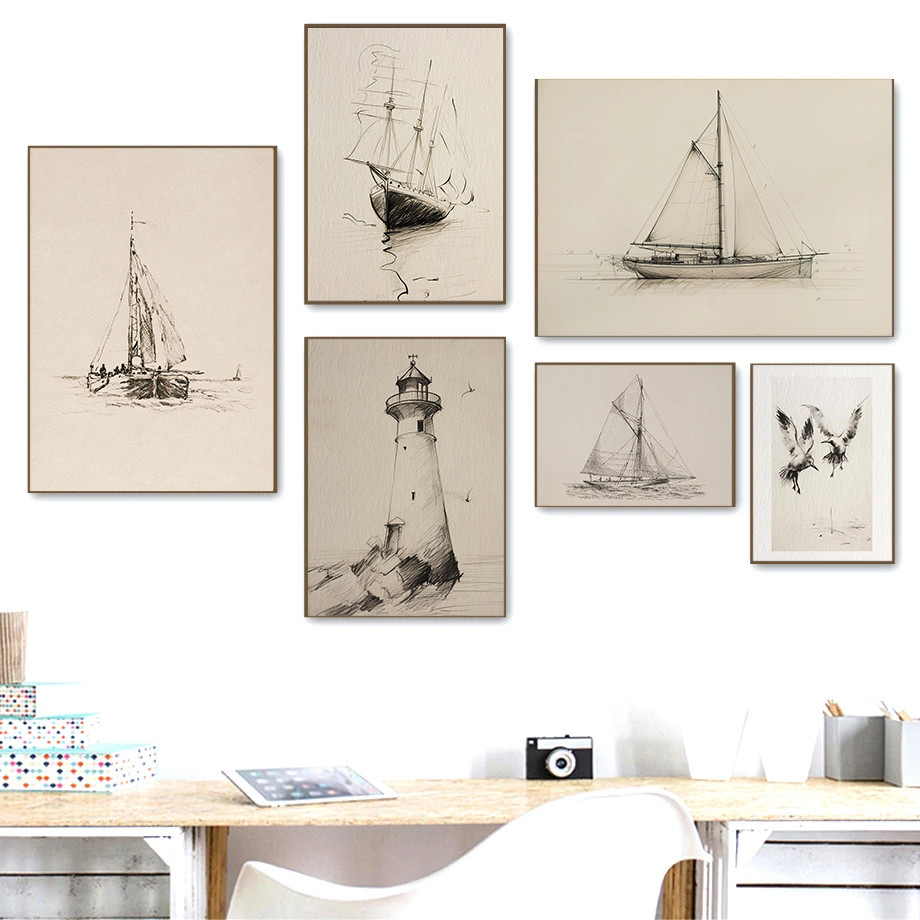 

Vintage Navigation Sketch Coastal Sailing Lighthouse Art Poster Canvas Printed Mural Gallery Living Room Bedroom Home Decoration