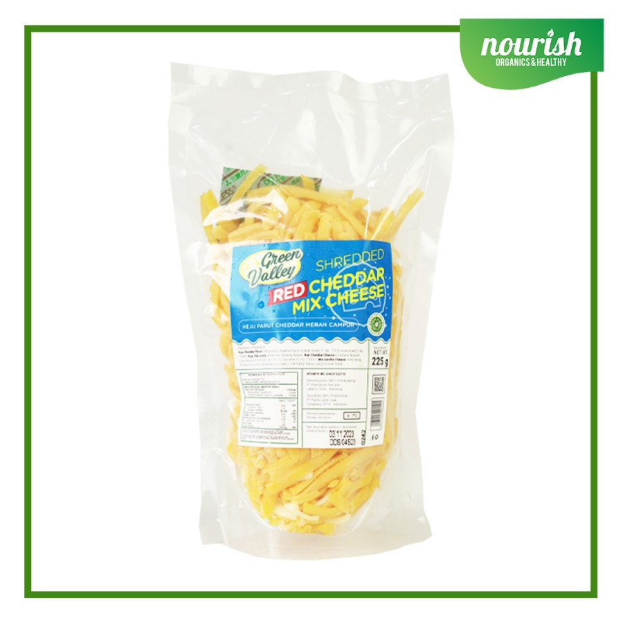 

Green Valley Shredded Red Cheddar Mix Cheese, HALAL 225g (REAL CHEDDAR, BUKAN KEJU OLAHAN)
