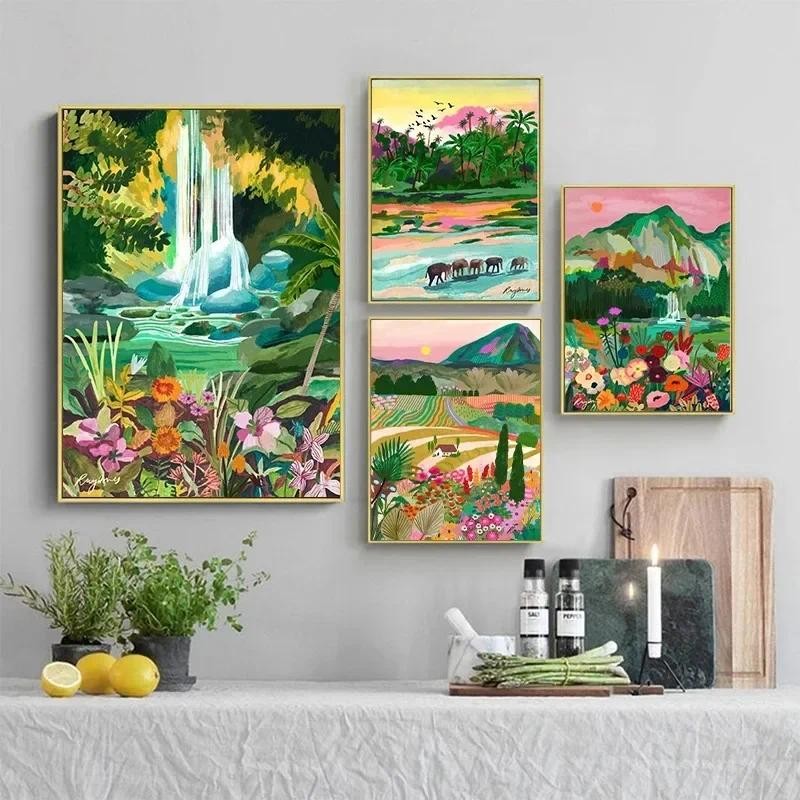 

Colorful Nature Landscape Travel Poster Flowers Mountain Lake Print Canvas Painting Abstract Nordic Wall Art Decor