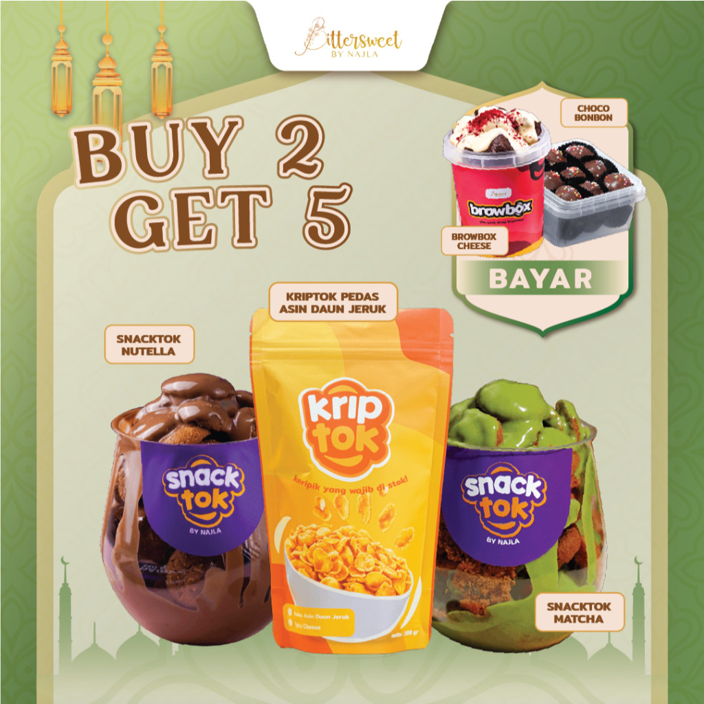 

[ Flash Sale ] ( Bayar 2 Dapat 5 ) 2 Snacktok ( Nutella + Matcha ) + Browbox Cheese + Choco Bonbon + Kriptok Pedas Asin Daun Jeruk [ Best Price ]