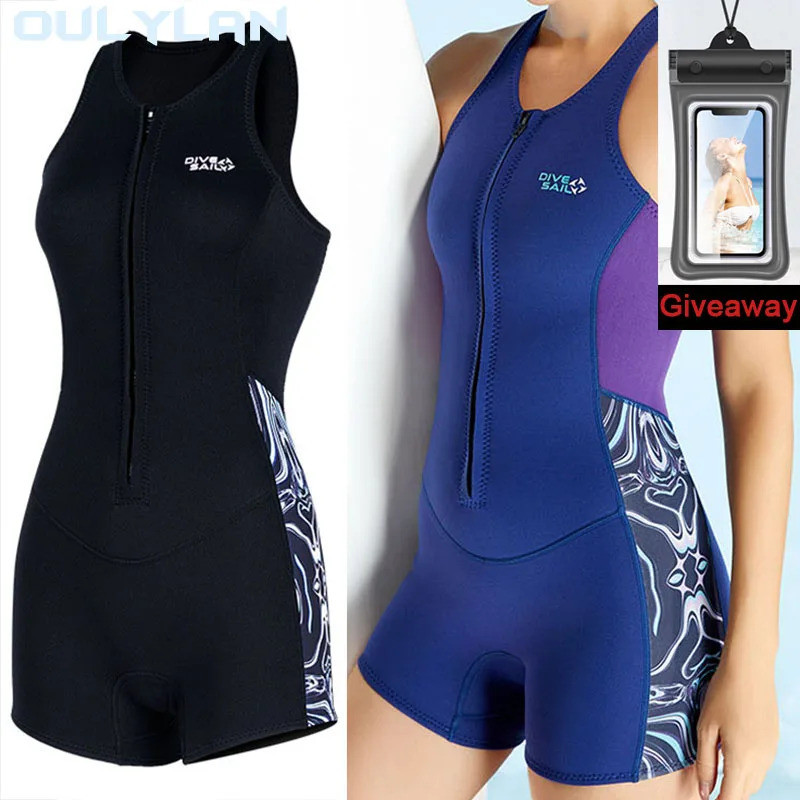 Oulylan Pakaian Renang Pantai Pakaian Selam Wanita 2MM Wetsuit Tanpa Lengan Satu Potong Baju Renang 