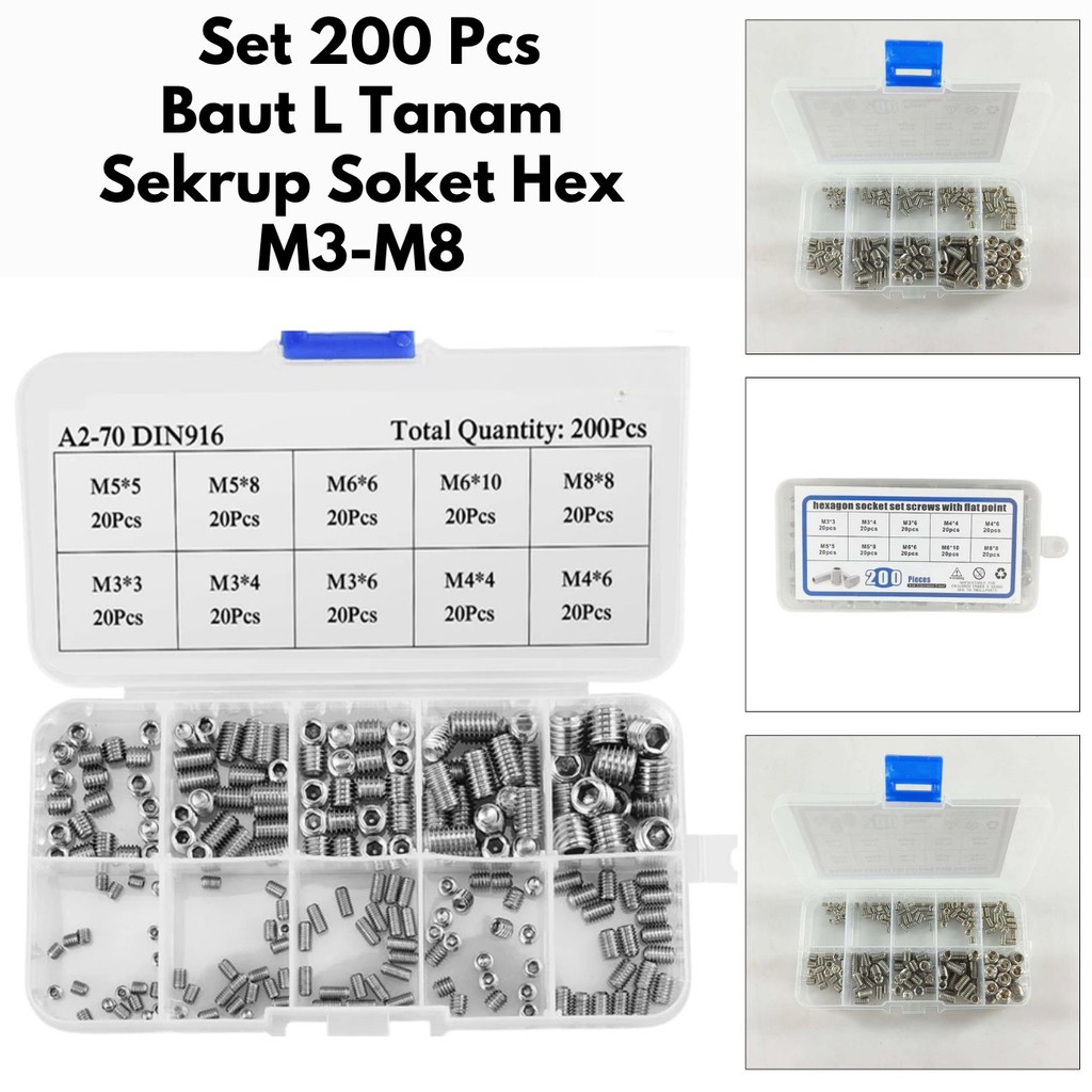 THFS Set Baut L Tanam Sekrup Soket Hex M3-M8 Headless 200 PCS A2SK76