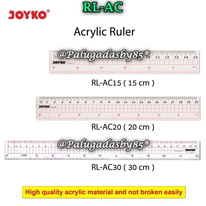 

(1 Biji) GABUNGAN Penggaris Acrylic JOYKO RL-AC15 RL-AC20 RL-AC30 /Joyko Acrylic Ruler (1 Biji)