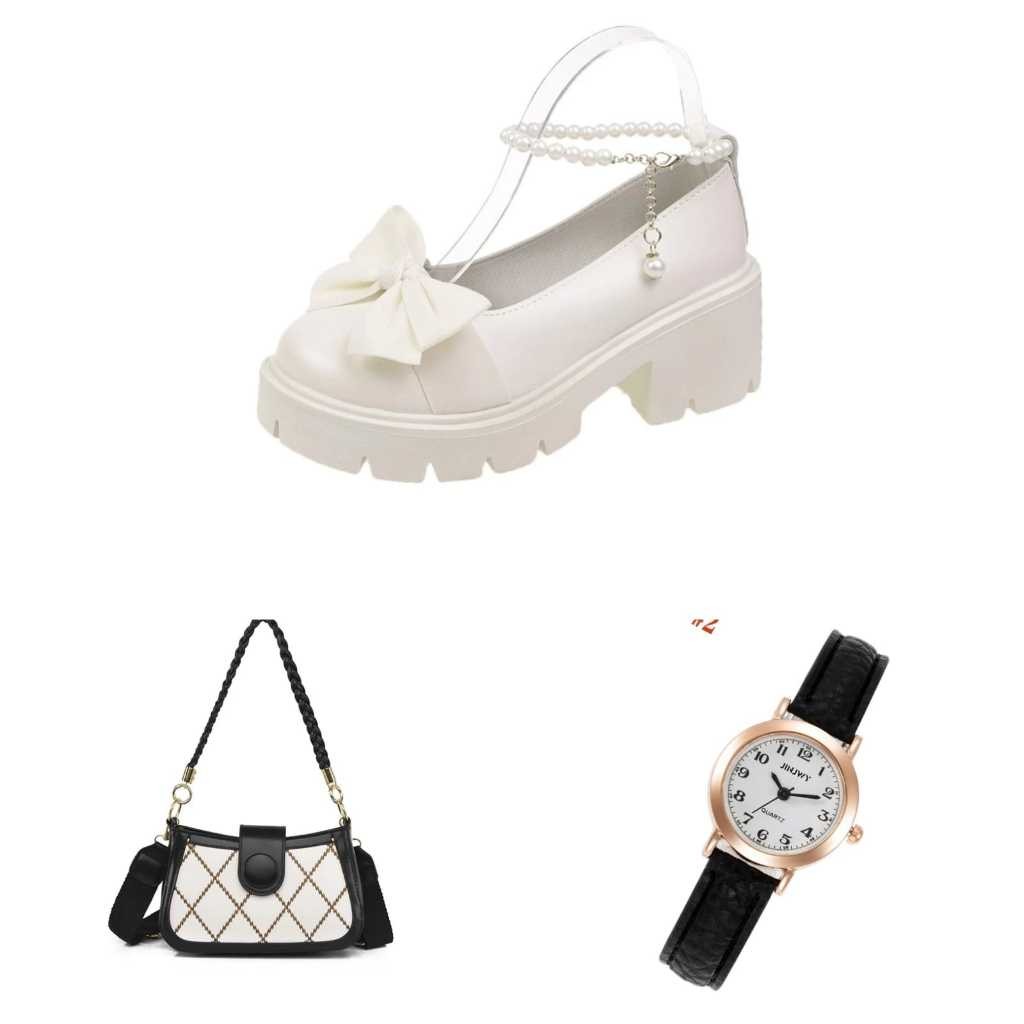 A45 Paket Bundling 3 set sepatu gelang mutiara + tas Lauren +jam tangan wanita realpict99%