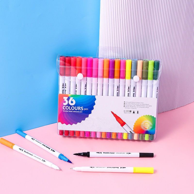 

36/60/100 Warna Marker Pensil Air Berkepala Ganda Pena Lembut Set Alat Melukis Untuk Anak