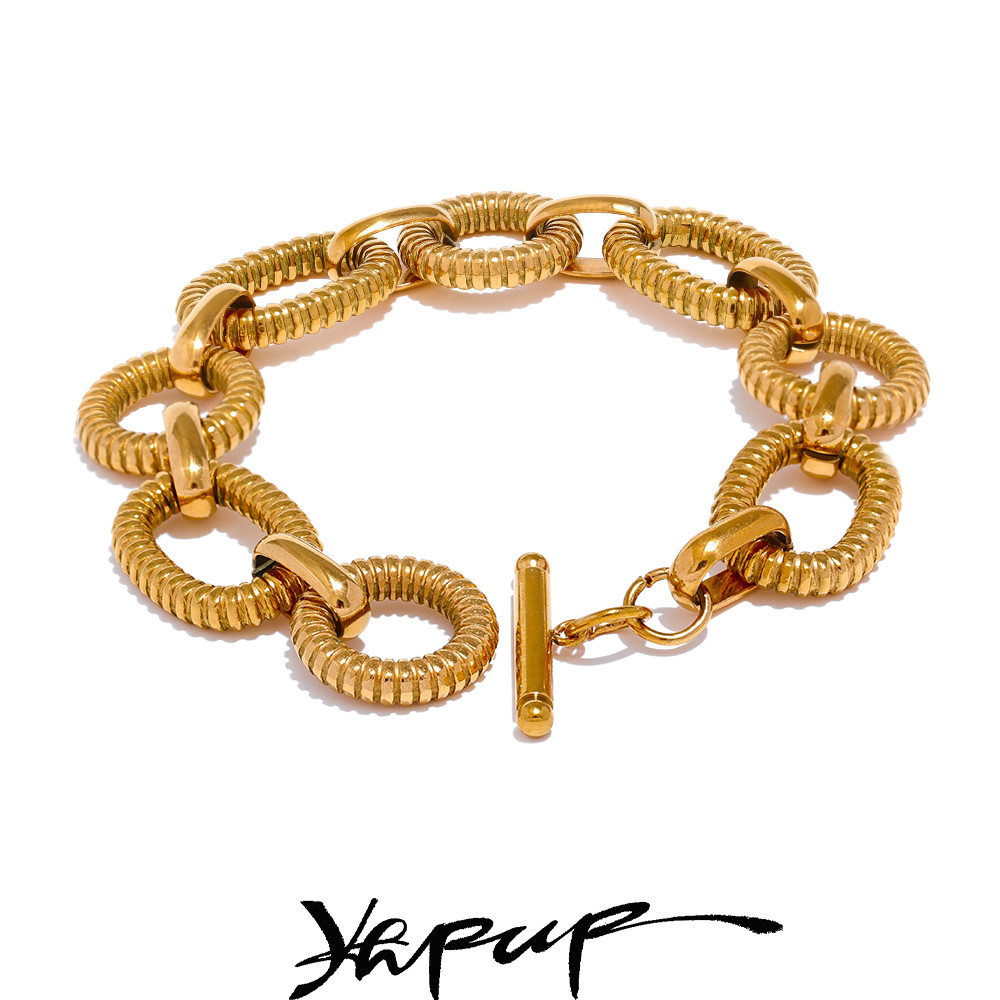 Yhpup 316L Stainless Steel Metal Texture Oval Chain Bracelet Bangle Men Women 18K PVD Plated Toggle-