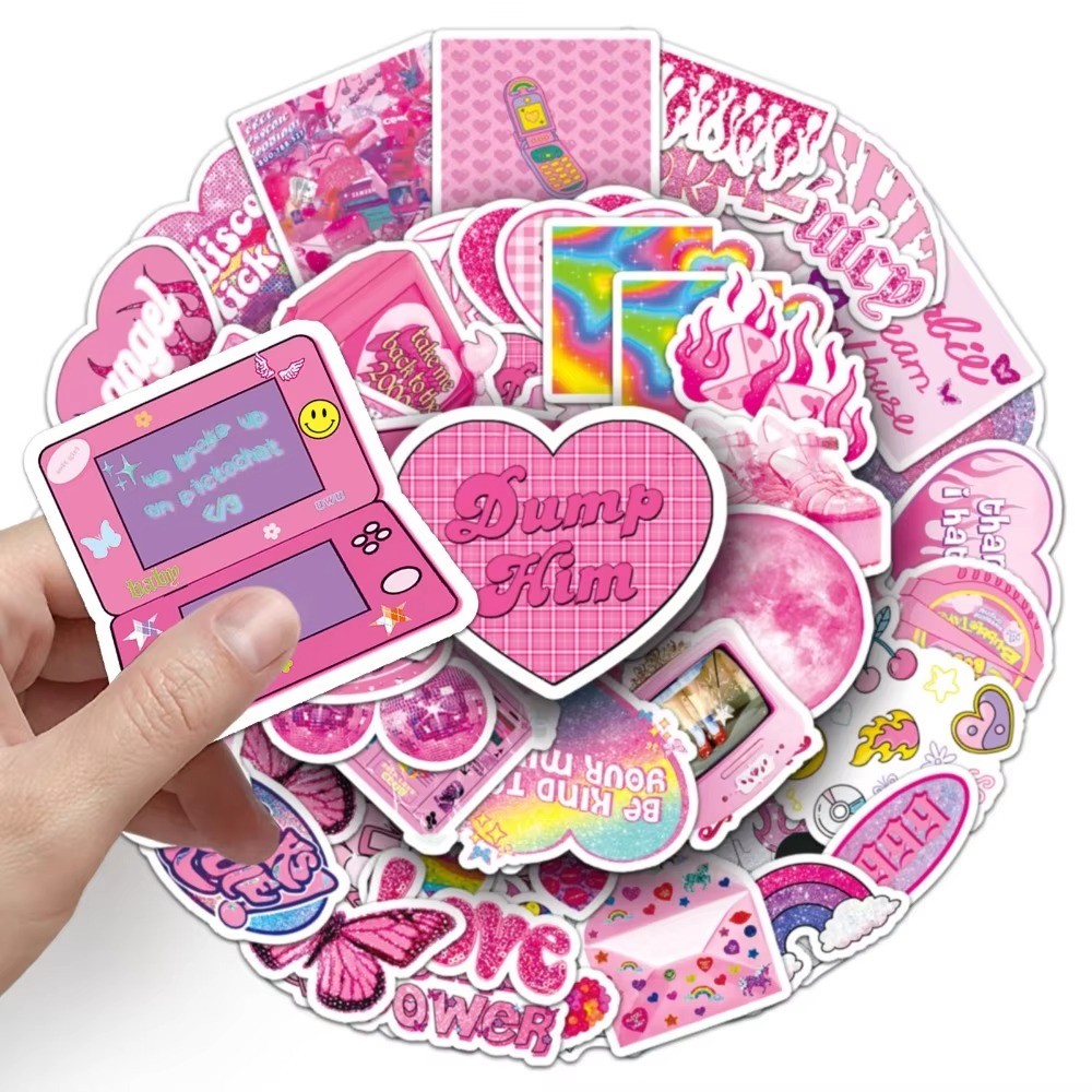 

50Pcs Y2K Style Pink Graffiti Sticker Millennium Waterproof Sticker Decoration for Water Cup Guitar Motorcycle Helmet Phone