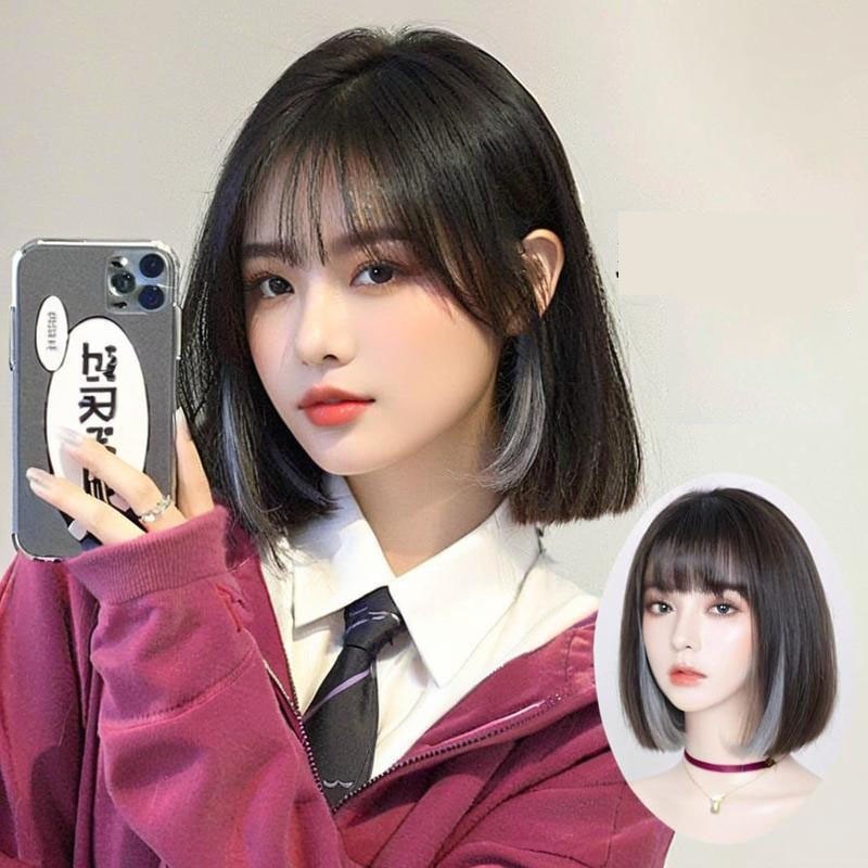 Wig korean style BOBO Lisa  rambut pendek wanita, wig rambut asli pendek，rambut palsu wanita full ke