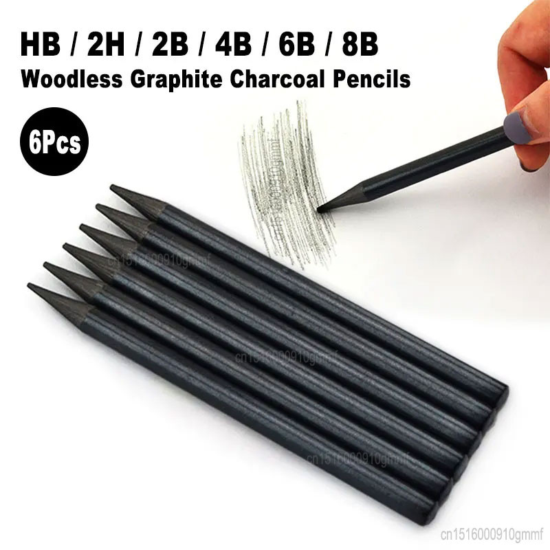 

6Pcs Set Professional Woodless Graphite Charcoal Pencils HB / 2H / 2B / 4B / 6B /