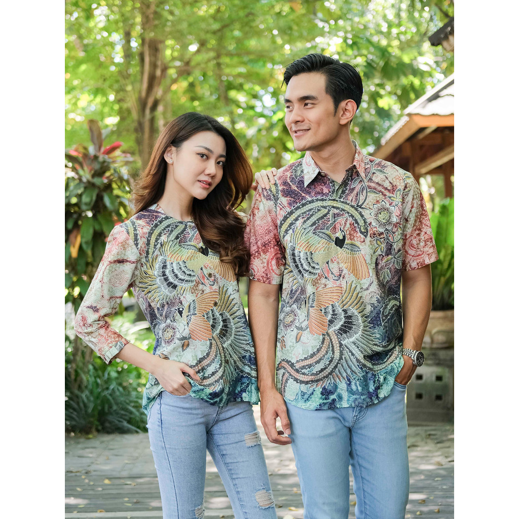 Batik Adyatma Sarimbit Set Couple Naraya Orange - Kemeja Slim Fit Lengan Pendek & Blouse Digital Pri