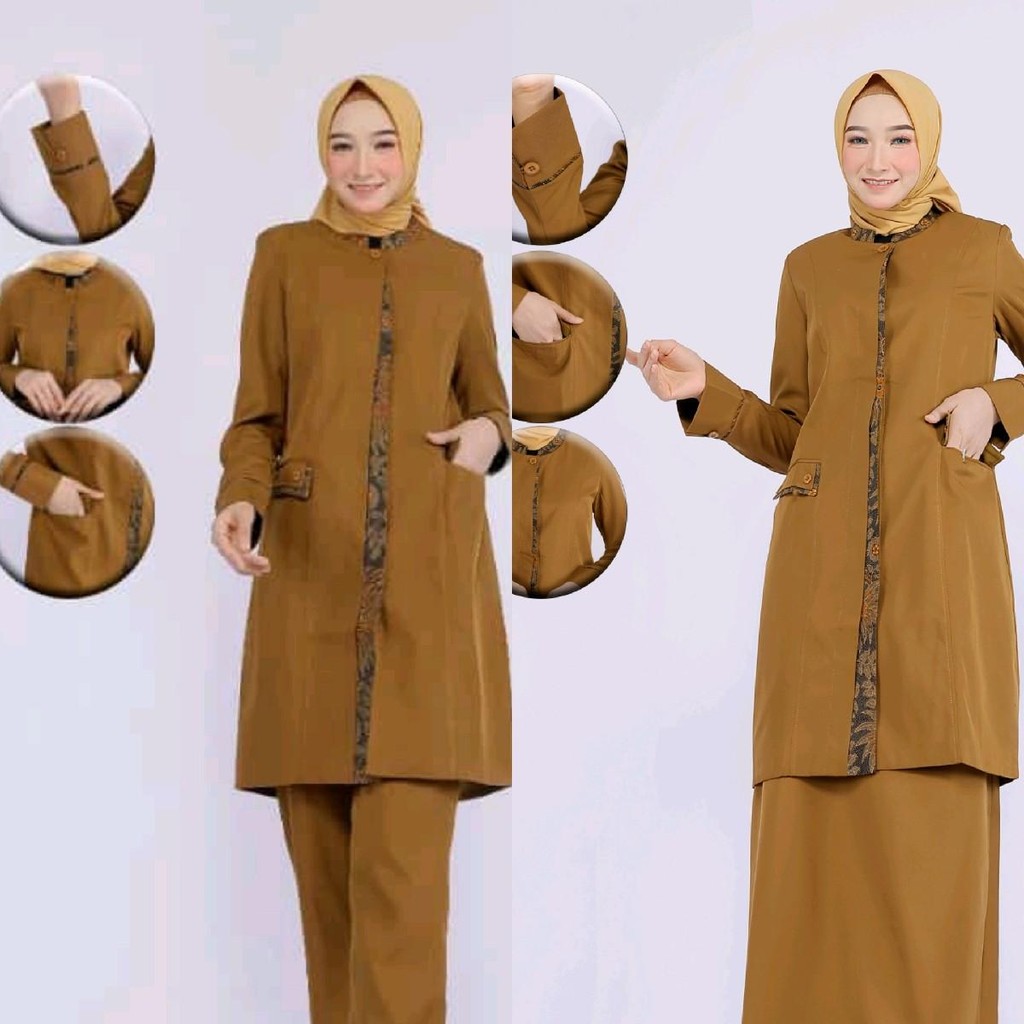Tunik pemda khaky tua kantong tutup Lis Miring kombinasi batik set rok A/celana panjang/rok span bah