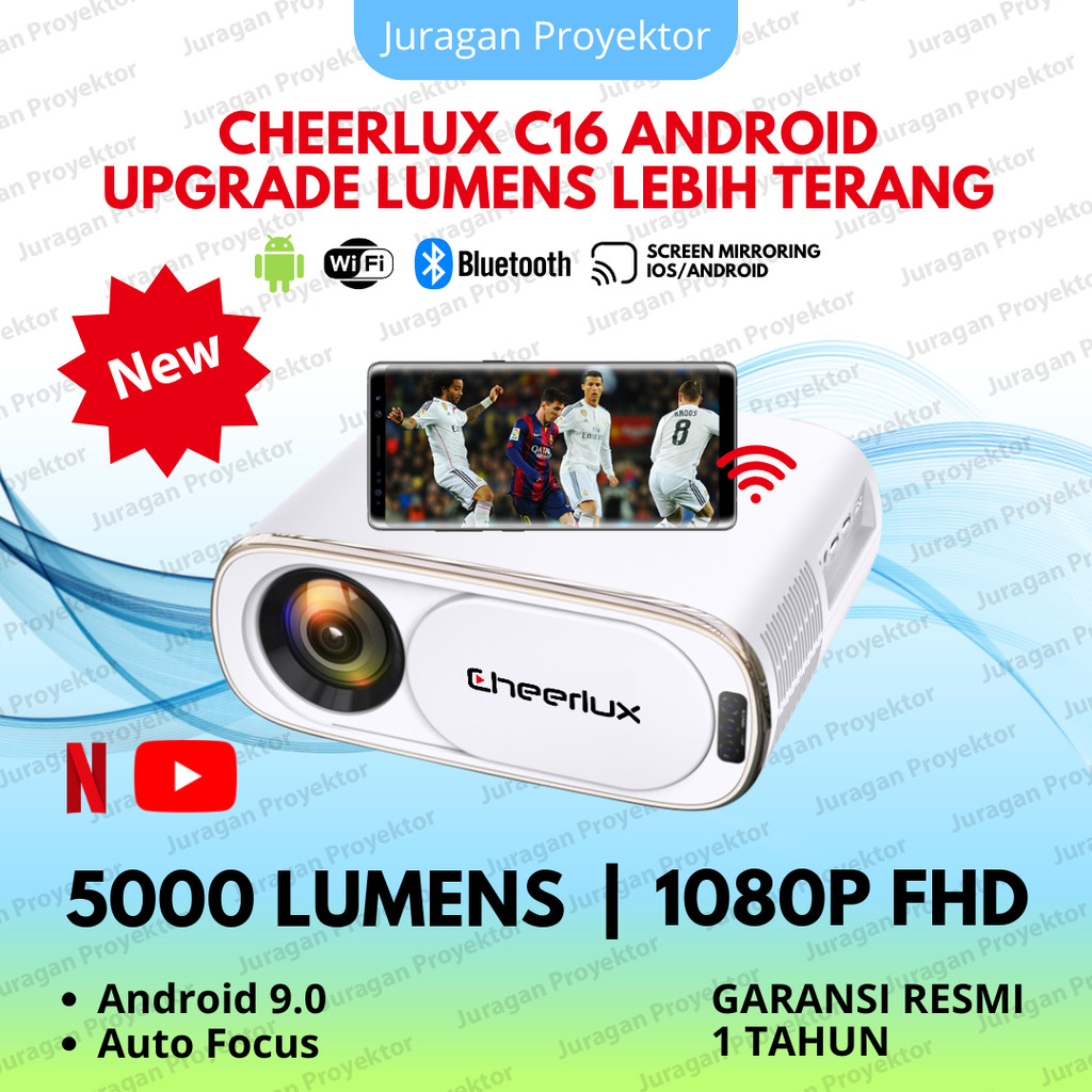 Smart Proyektor Cheerlux C16 Android Wifi 5000 Lumens Proyektor Android 4K Full HD Proyektor Wifi