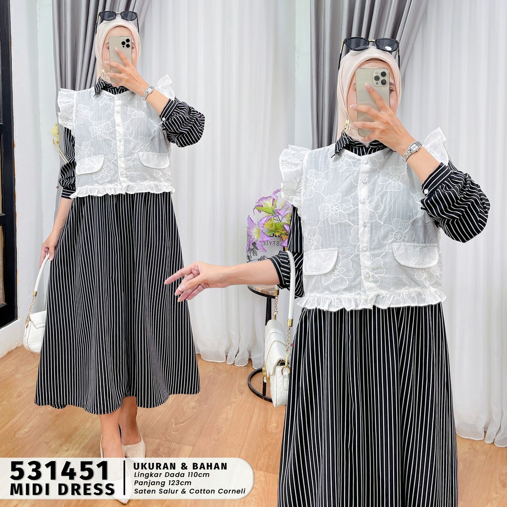 EXTU HERITAGE – Megan Midi Dress Motif Elegan Busui Friendly | Gamis Midi Saten Salur Best Seller Fi