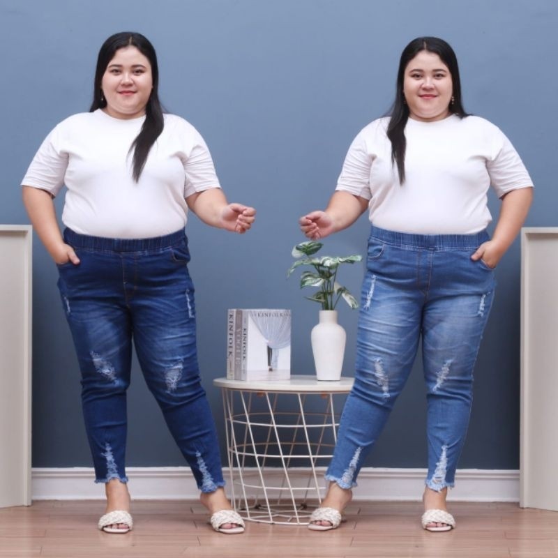 celana jeans wanita jumbo sobek / celana pinggang karet street / jeans ripped terbaru