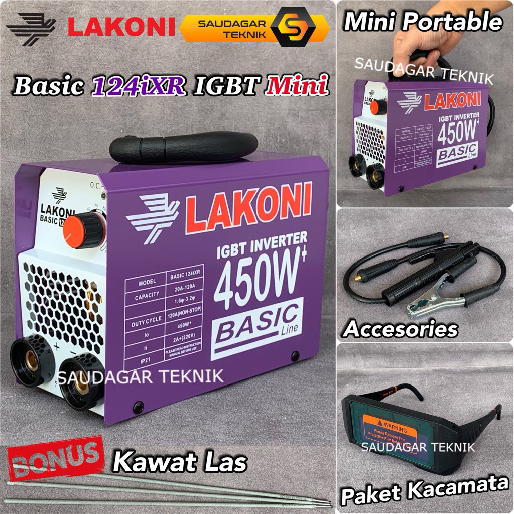 Mesin Las Mini Lakoni Basic 124ixr 450 watt Hemat Listrik Inverter Trafo Las Lakoni 124 IXR 120A Min