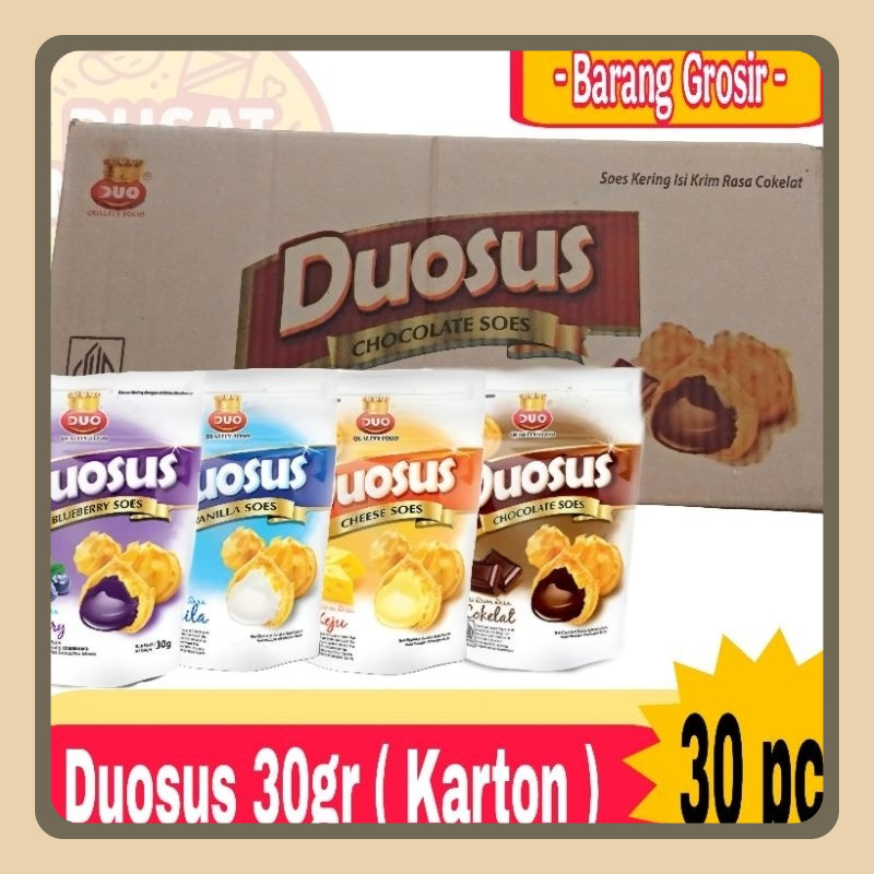 

Grosir Snack DuoSus Sus Kering Dus 30gr isi 30pcs Rasa Cokelat / Keju / Vanilla / Blueberry