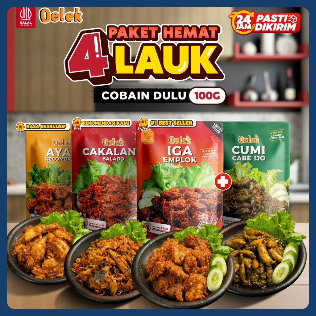 

Oelek Paket Cobain Dulu 4 Lauk / Iga Emplok / Cakalang Balado / Cumi Cabe Ijo / Ayam Kecombrang / Lauk Siap Saji