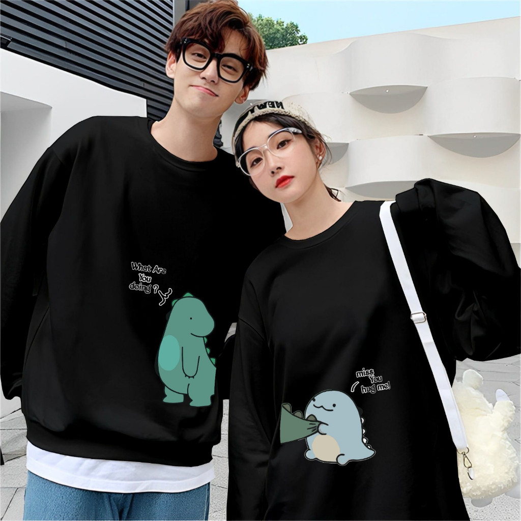 Kaos Couple Pasangan Dino /Kaos Pria Wanita Lengan Panjang Bahan Baby Terry Premium/Kaos Kapelan
