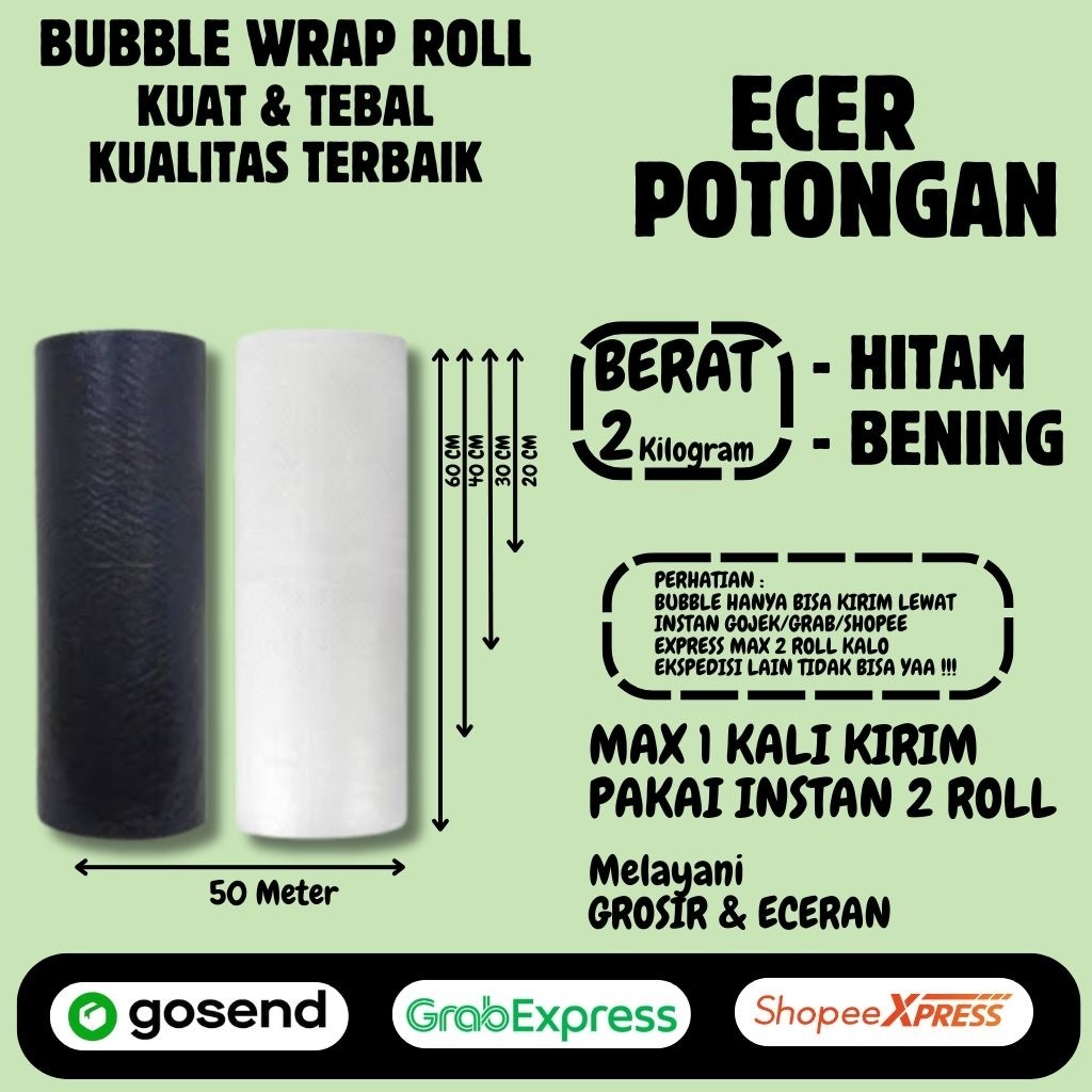 

READY Bubble Wrap Hitam/Bening Eceran Potongan Berat 2.0kg Panjang 50meter