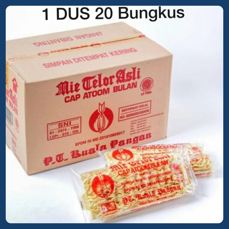 

Mie Telor / Telur Asli Cap Atom / Atoom Bulan 1 Dus / Karton Dos isi 20 pcs x 200gr gram