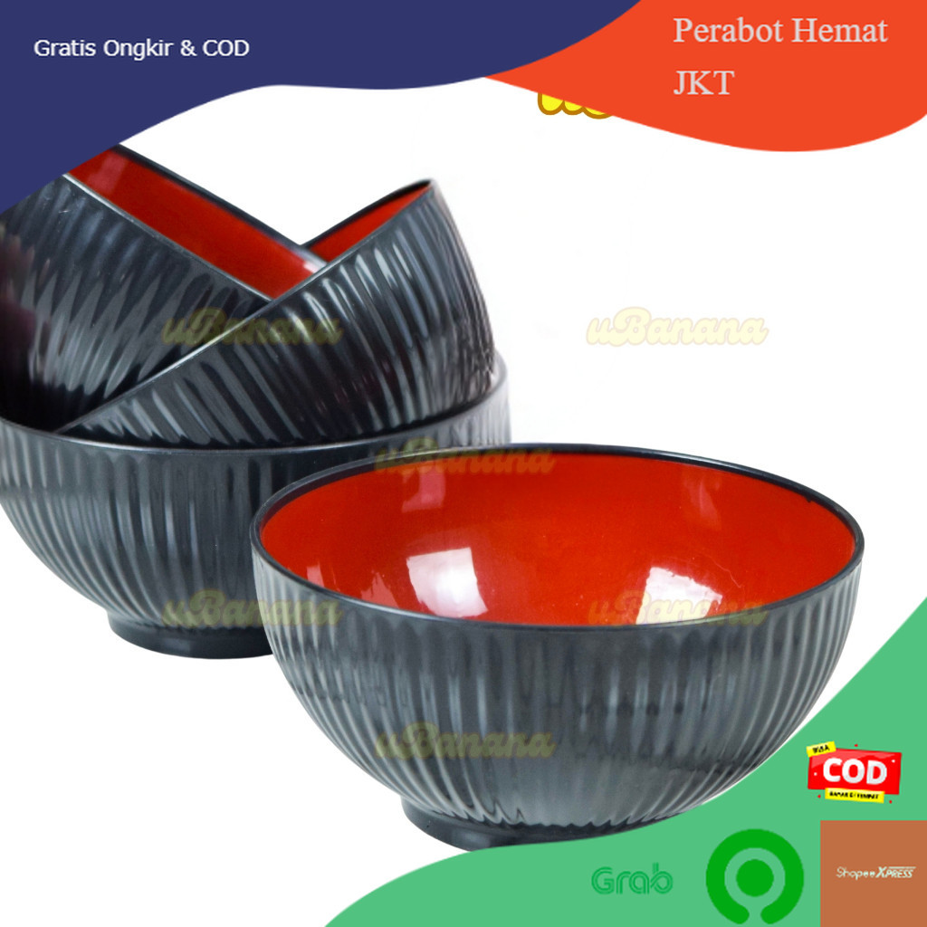 Mangkok Ramen Jepang Hitam Merah Plastik / Mangkuk Mi bakso