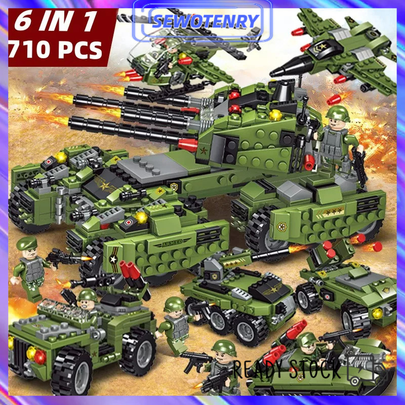 【COD】710Pcs Mainan Brick 6 in 1 Jungle Tank Block WW2 Pesawat Mainan Anak Laki Laki