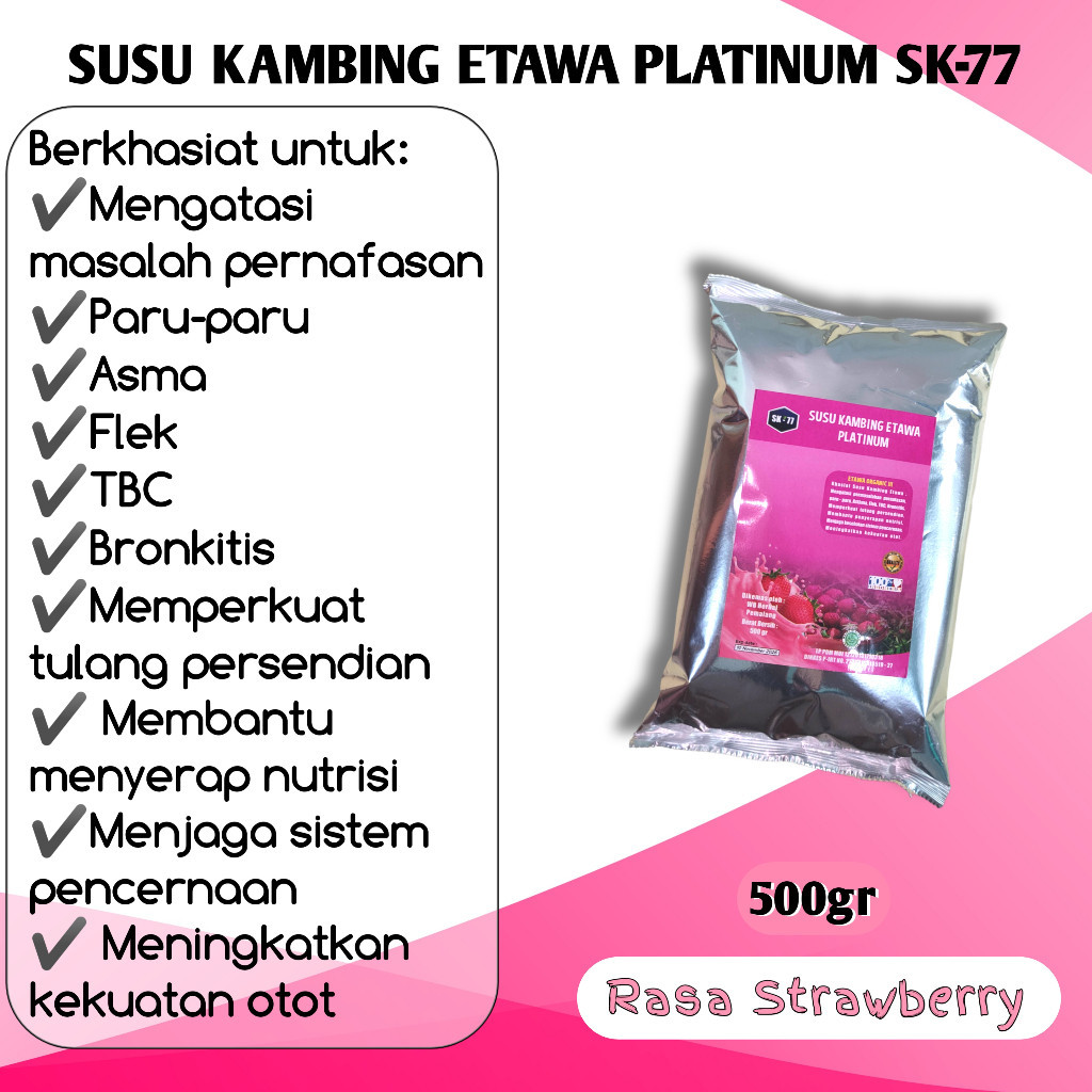 

Susu Bubuk Kambing Etawa Platinum Rasa Stroberi Kemasan 500gr