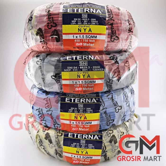 Eterna Kabel NYA 1.5mm 50m Hitam Merah Biru Kuning Hijau (Kawat Tembaga Tunggal 1.5 mm 50 m) Grosir