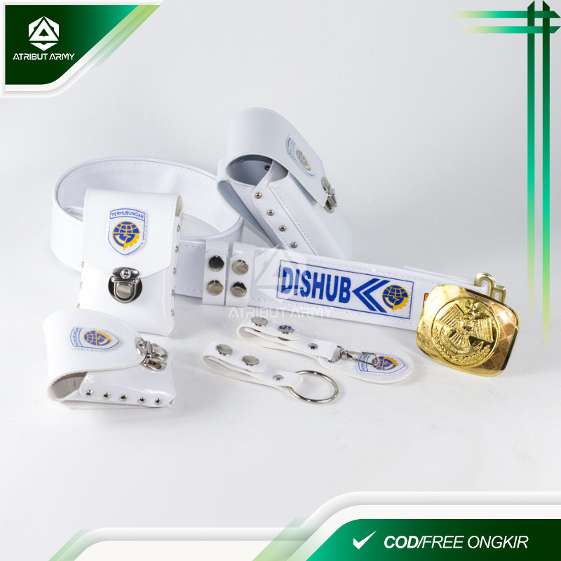 B9 Sabuk Kopel Dishub Fullset dan Kepala Bangkol Motif 3D Ikat Pinggang Putih Kilap Dishub / Kemenhu
