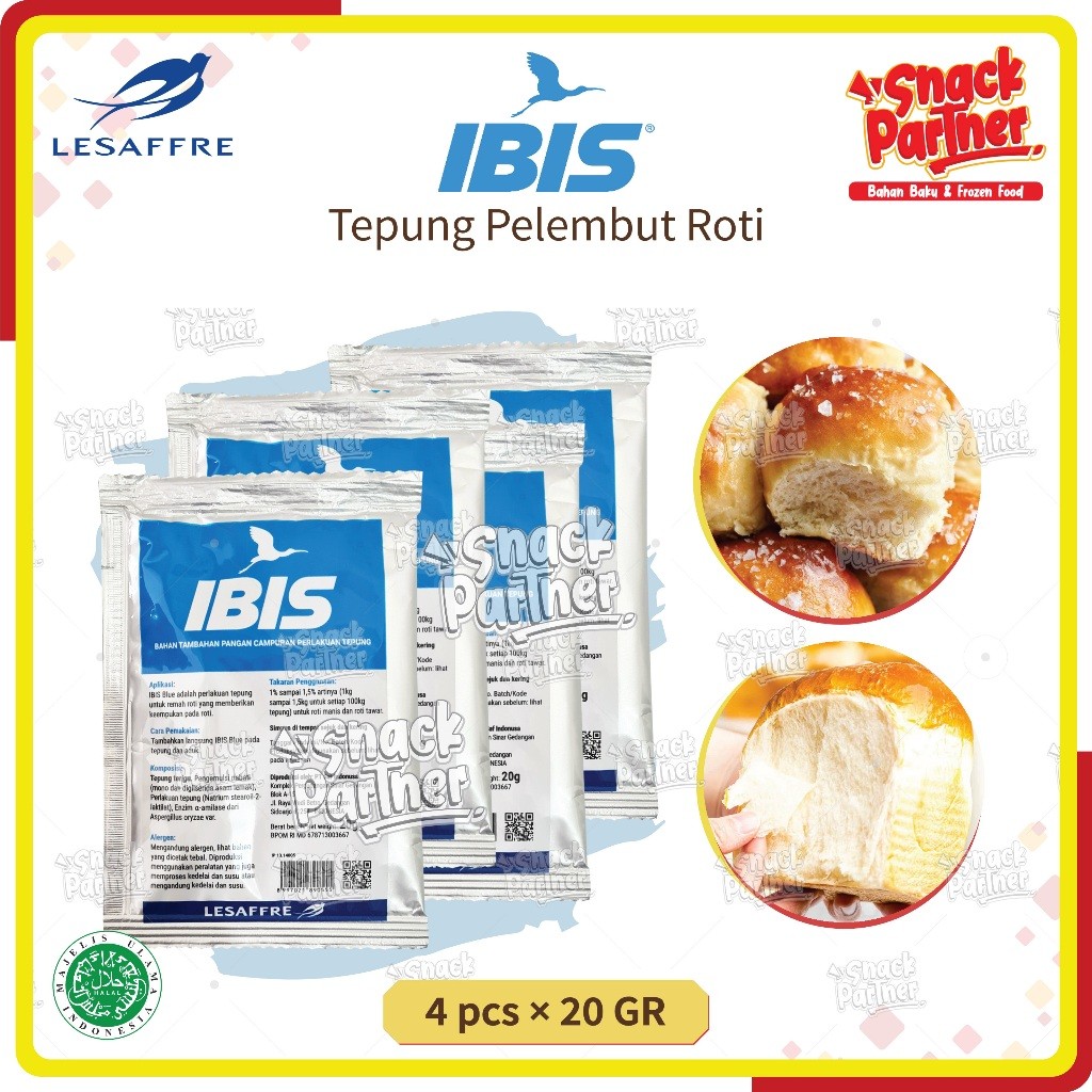 

IBIS BLUE Pelembut Roti Sachet (4 PCS x 20 GR) - Adonan Bahan Roti Pengempuk/Softener - Bread Roti Tawar Manis Improver Donat Bakpao Croissant Danish Pastry HALAL