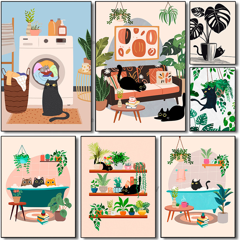 

Cartoon Cute Cat's life illustration Colorful Poster Print Wall Art Pictures Canvas Painting Living Room Bedroom Home Decor Gift