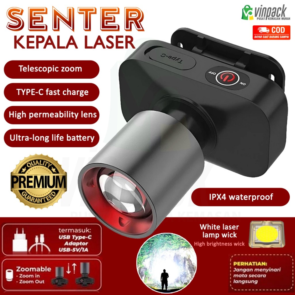 Senter Kepala Zoom Super Terang LED 60w Rechargeable Usb Type C/ Lampu Kepala LED Laser Super Terang