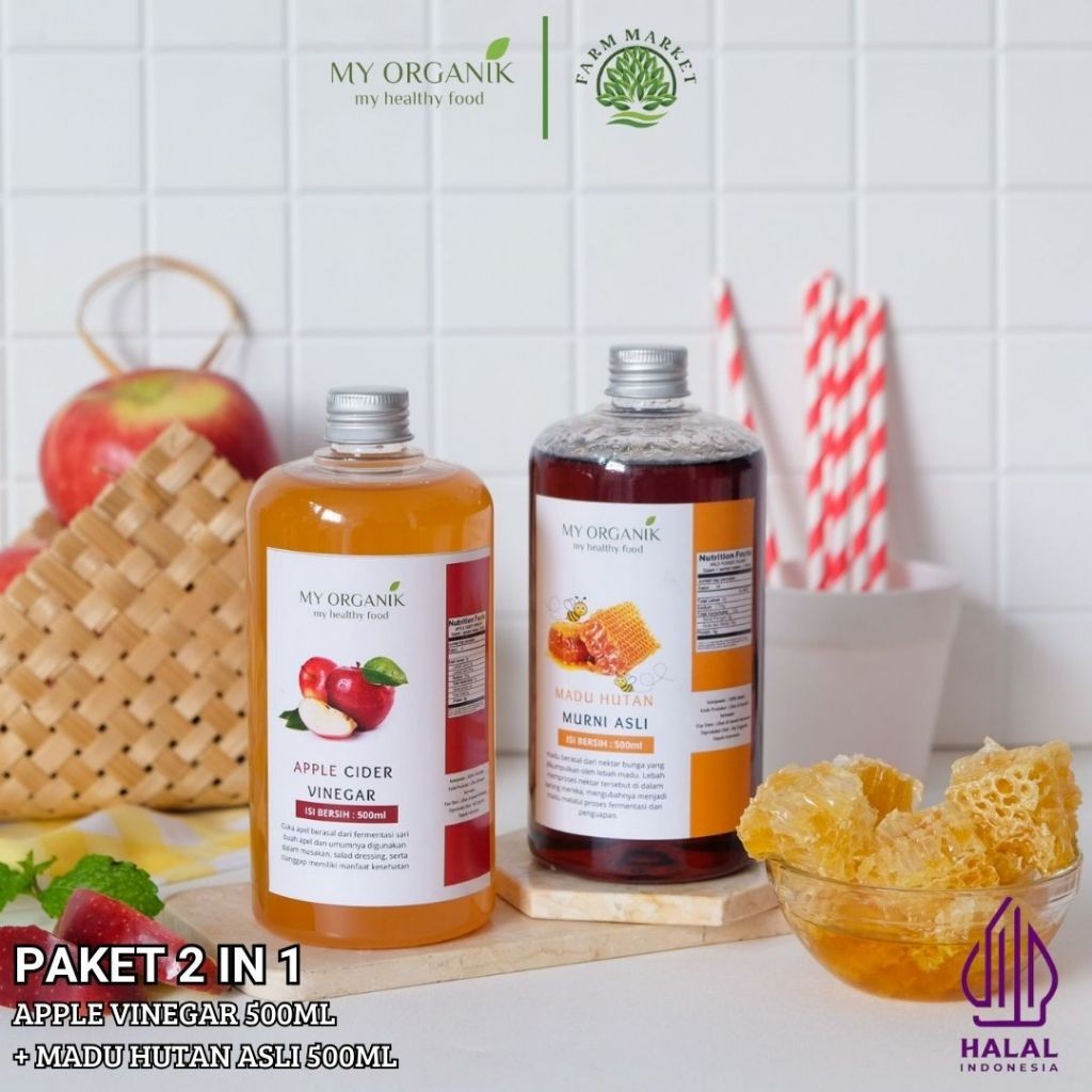 

My Organik Paket 2 in 1 Cuka Apel Organik with Mother apple cider vinegar untuk Kesehatan Madu Hutan