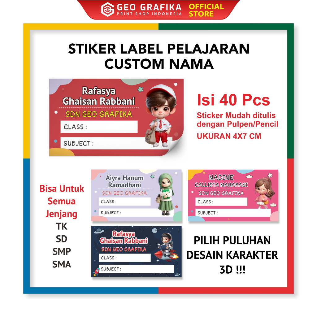 

Stiker Label Buku Pelajaran Custom Free Desain isi 40 pcs Karakter 3D Print Shop