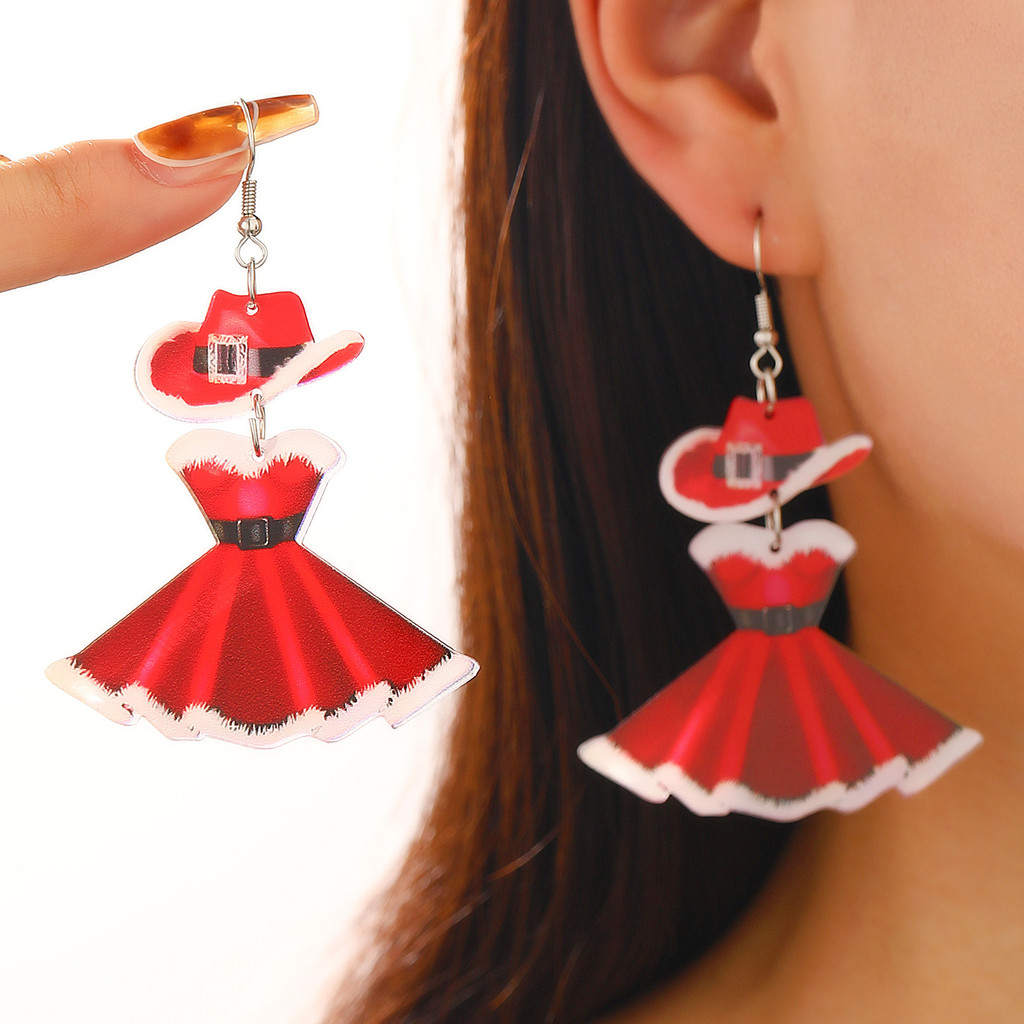 Anting-anting Pesta Karnaval Natal Anting Akrilik Fashion Gaun Merah Topi Niche Anting-anting Natal 