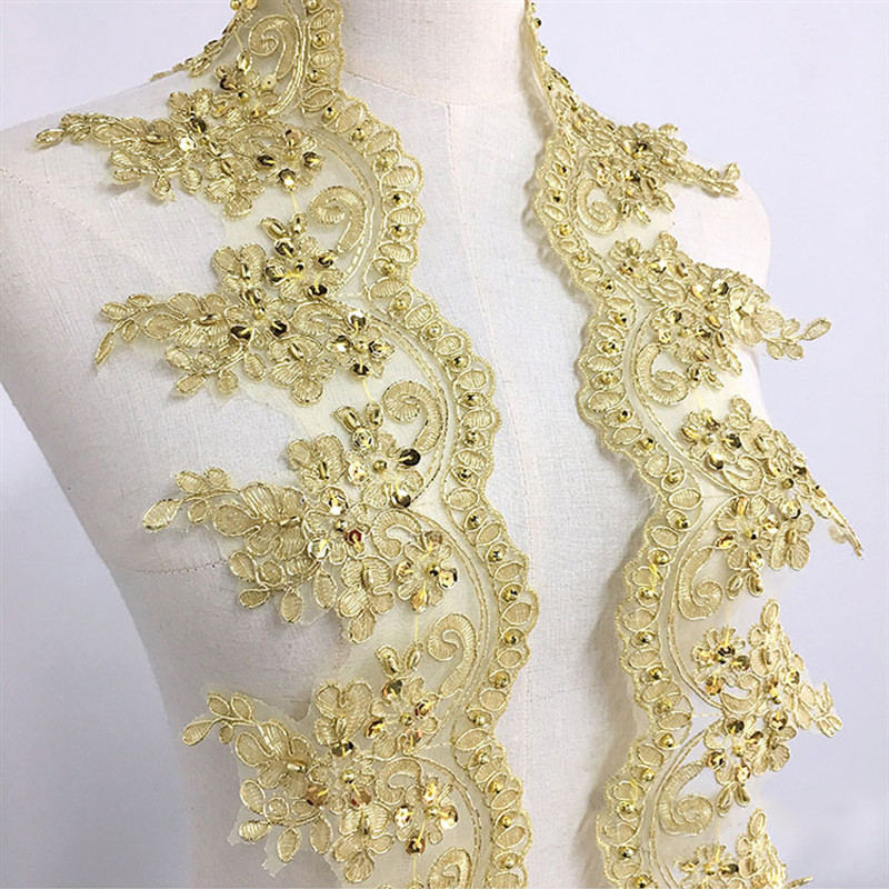

1Yard Gold Lace Embroidery Fabric Dress Home Textile Sequin Triming Dance Clothes DIY Materail 13CM Wide