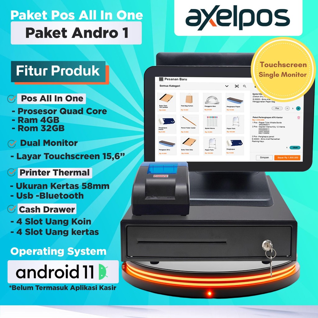 Paket alat mesin kasir Single & Dual Monitor Touchscreen 15,6 Inch Android Iware Include Printer dan