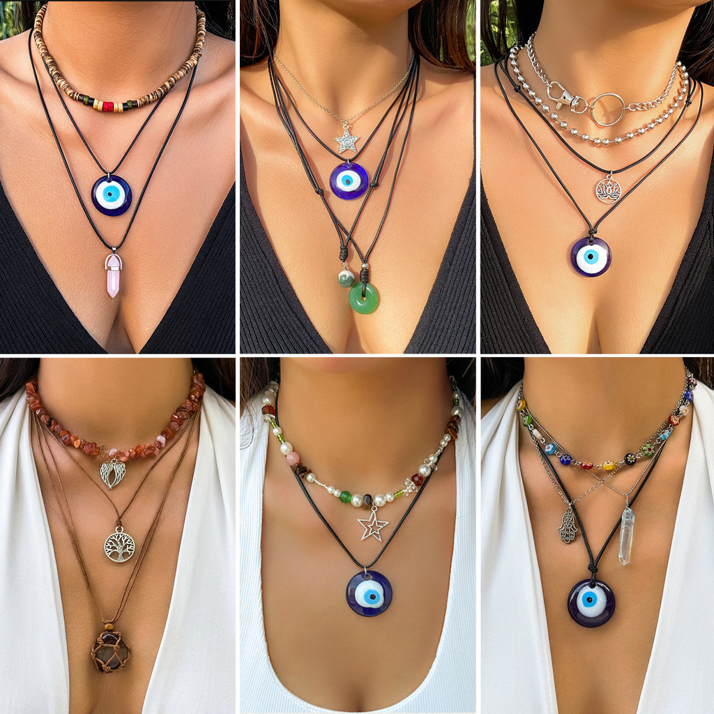Kalung Eropa dan Amerika biru setan mata kalung milenial angin y2k liburan lilin benang manik-manik 