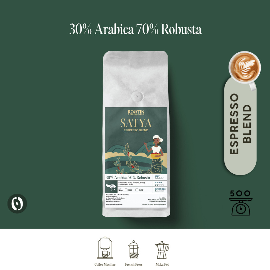 

Rootin Coffee Satya Espresso Blend 30% Arabika 70% Robusta Beans Biji dan Bubuk Kopi / 500gr