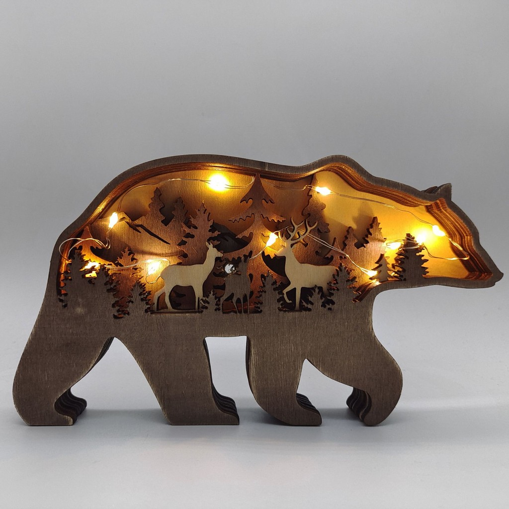 

2023 New DIY Wood Elk Brown Bear Ornament Decoration Home Wooden Brown Bear Light Craft Ornament Decor Christmas Gift Crafts